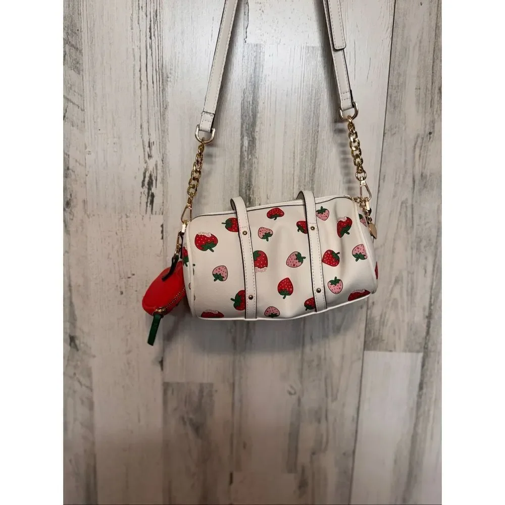 Juicy Couture Strawberry Print Barrel Purse with Coin Pouch | White Pink Red Cro